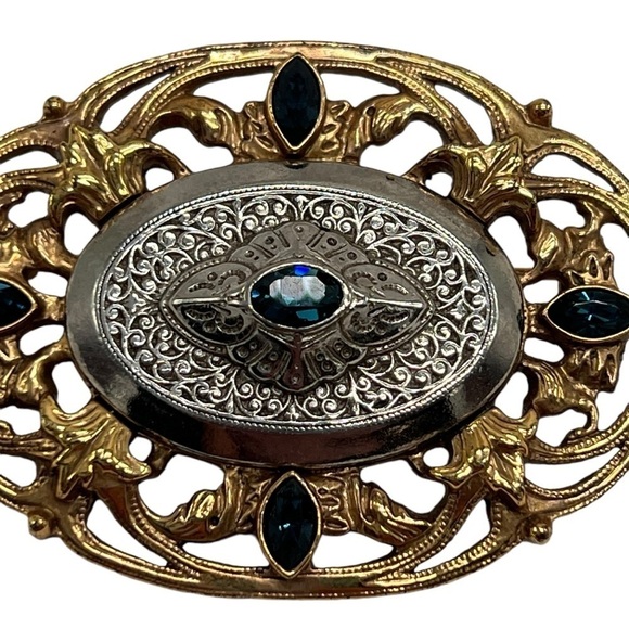 Gold Silver Blue Stone Scroll Western Brooch Pin Vintage - Picture 2 of 6